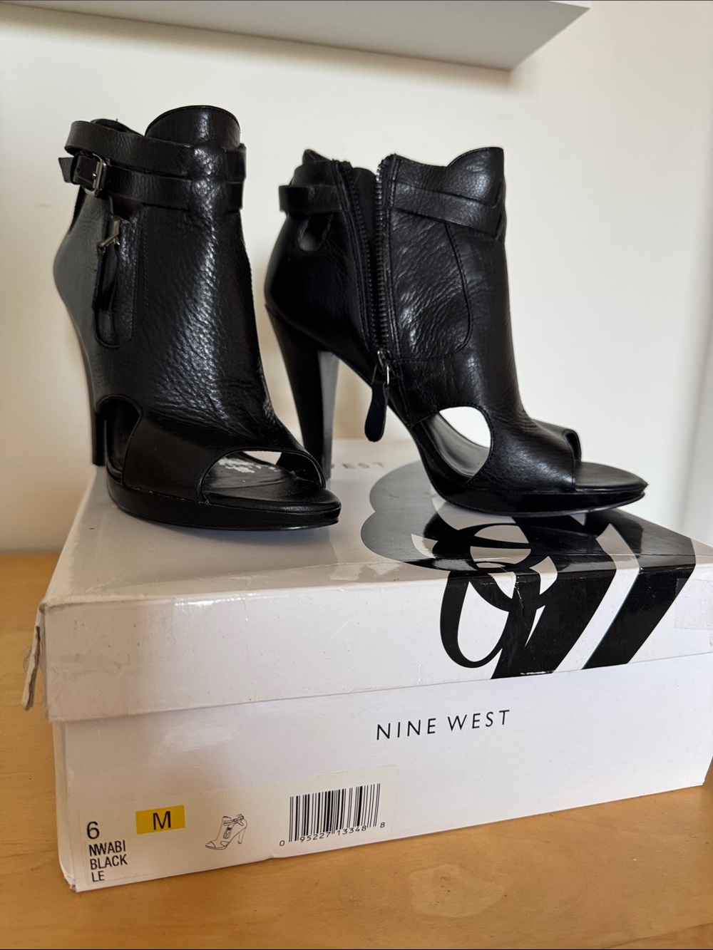 Nine West Black Leather Cutout Peep-Toe Ankle Booties with Side Buckle